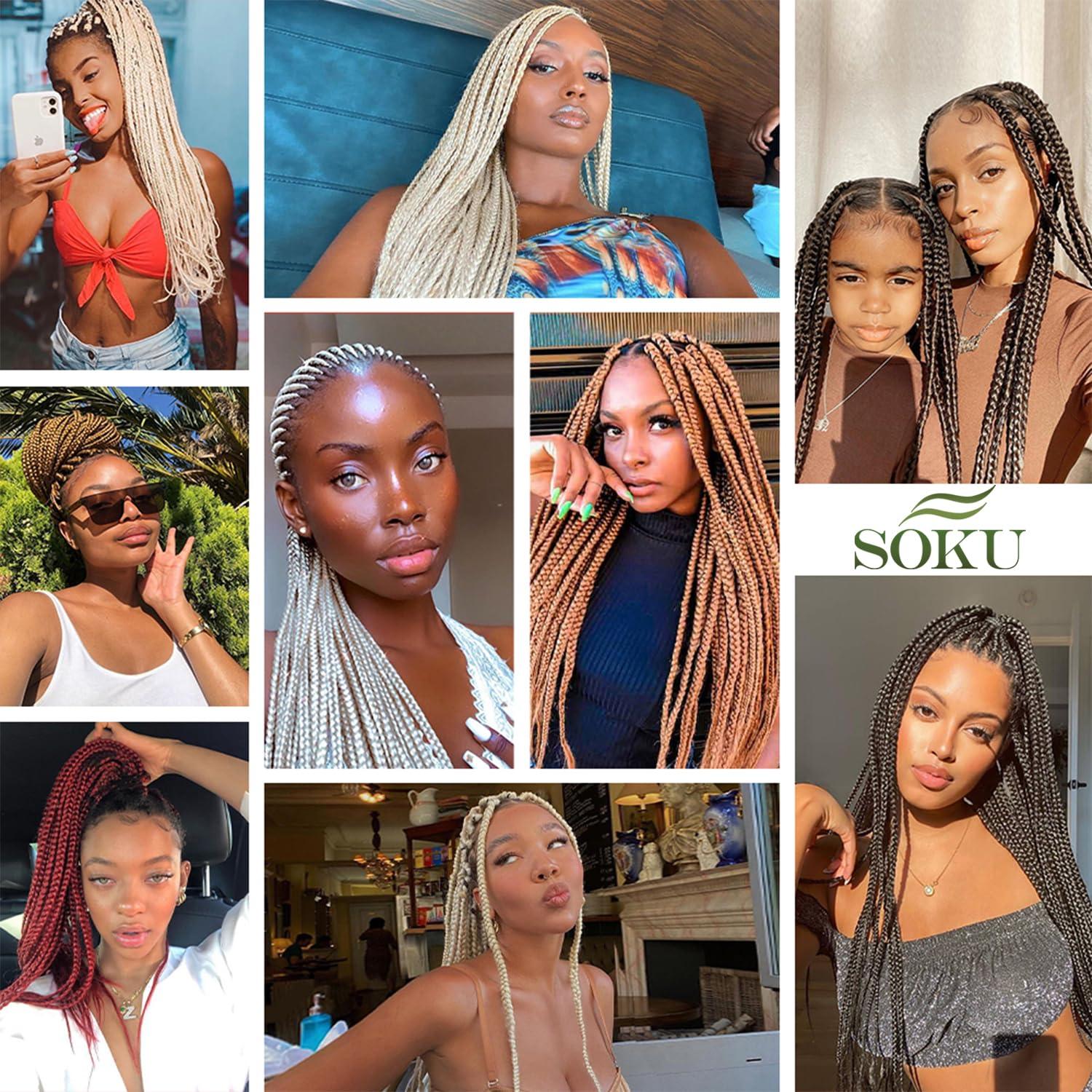 SOKU Pre-stretched Braiding Hair 4 Packs- 24 Inch Ombre Brown Braiding Hair Yaki Straight Prestretched EZ Braids Hot Water Setting Ombre Aurburn Professional Soft Synthetic Hair Extensions