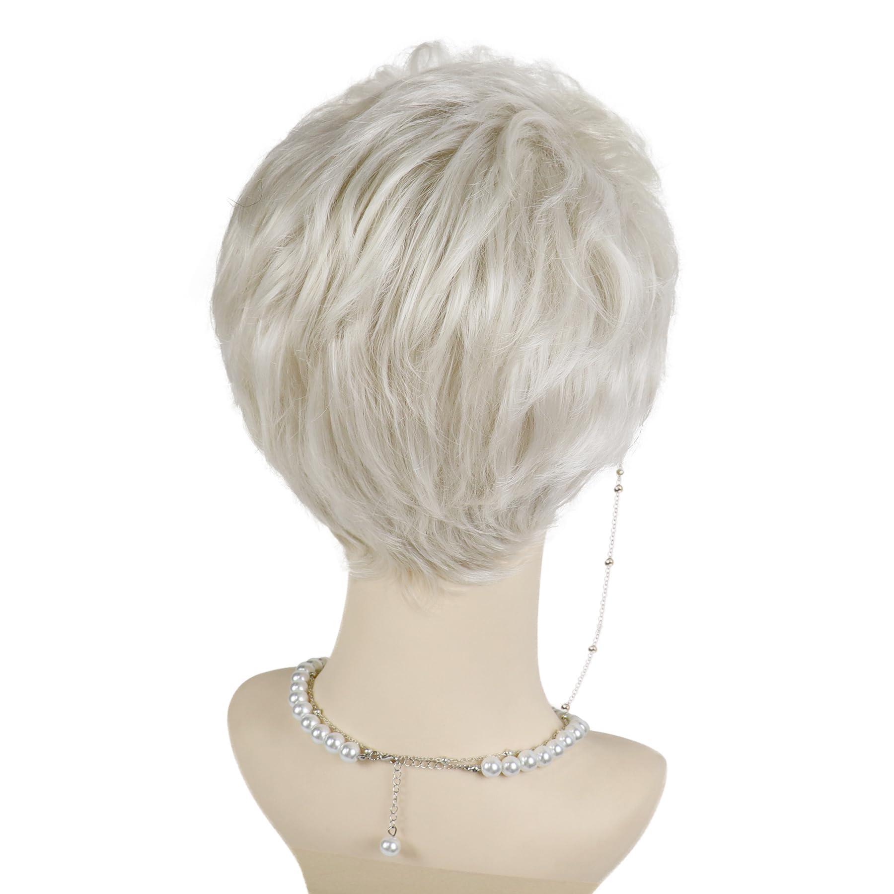 GNIMEGIL GNIMEGIL Platinum Blonde Short Old Lady Wig Set Synthetic Hair Grandma Wig for 100 Days of School Halloween Costume Granny Mommy Outfits White Women Curly Wig with Glasses, Necklace for Older Kids