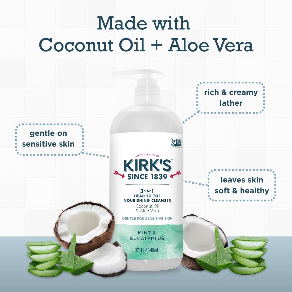 Kirk's Kirk\'s 3-in-1 Head to Toe Nourishing Liquid Cleanser & Travel Size Bar Soap - for Men, Women & Children - Premium Coconut Oil & Aloe Vera- Non GMO & Vegan -Mint & Eucalyptus - 32 Fl Oz