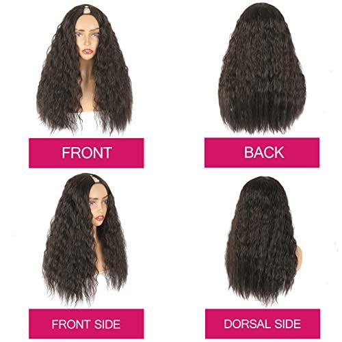 Matthia Long Curly Wig V Part Wigs Synthetic Half Wigs for Black Women, Glueless Wigs Chocolate Brown Deep Wave V Part Wig No Leave Out Thin Part Wig U Part Wigs for Women Clip in Extensions