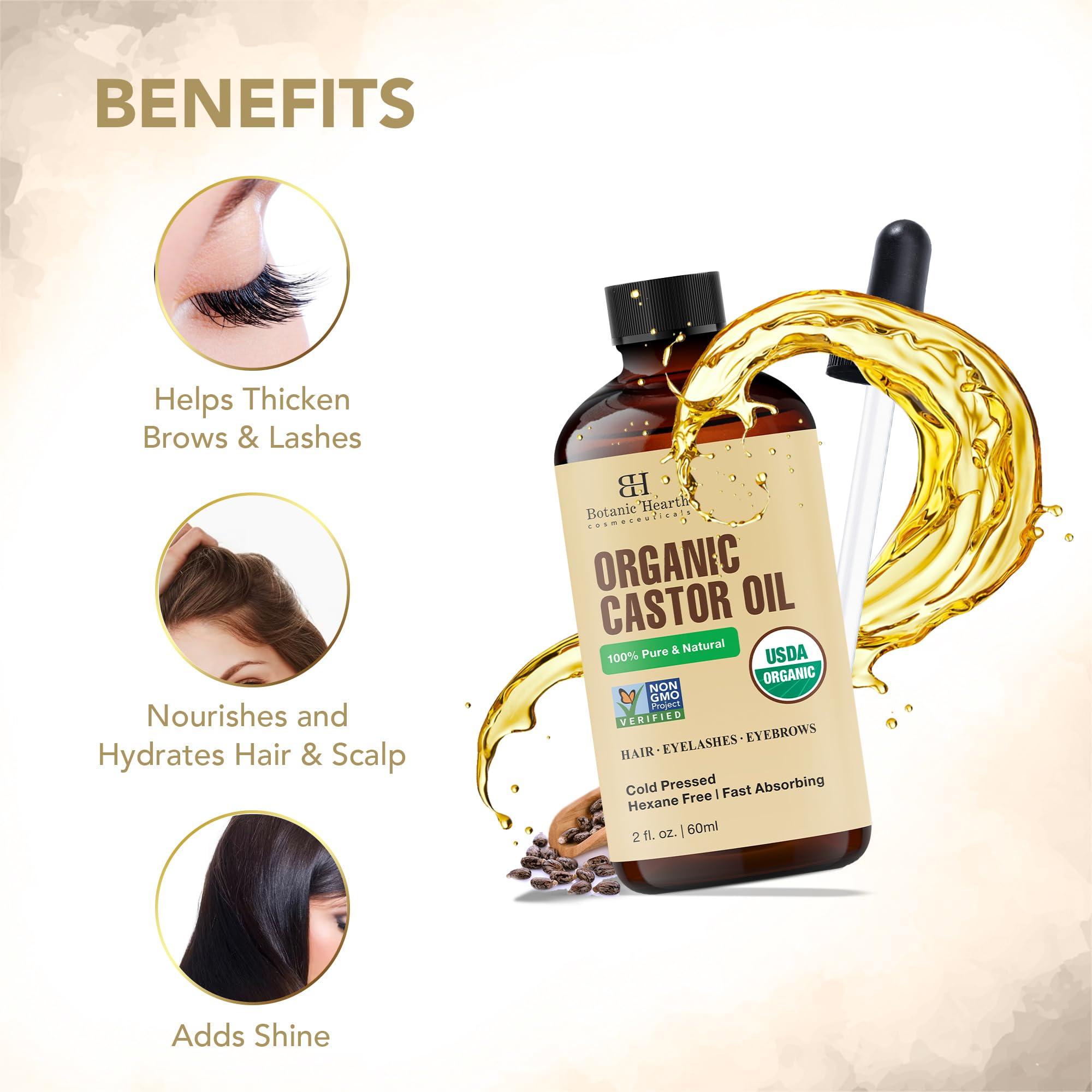 Botanic Hearth Botanic Hearth Castor Oil (2 fl oz) | USDA Certified Organic | 100% Pure & Hexane Free | Cold Pressed |Promotes Growth for Eyelashes, Eyebrows & Hair | Includes Eyebrow & Eyelash Brush