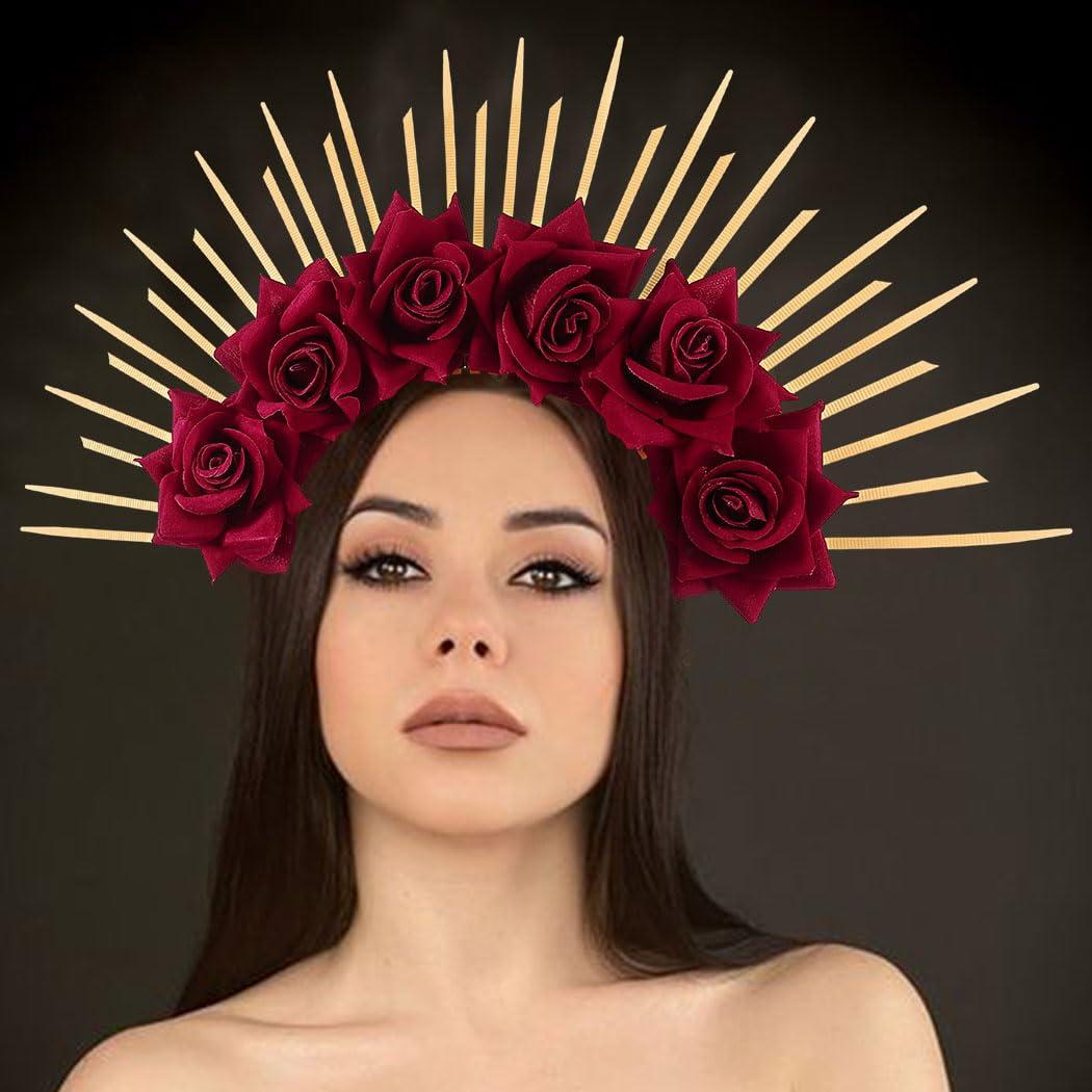 BARTOSI BARTOSI Halo Crown Mexican Flower Headband Spiked Crown Goddess Headpiece Mary Halo Crown Halloween Party Cosplay Costume Headwear for Women