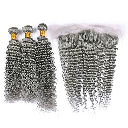 General Cloud Hair Pure Grey Deep Wave Brazilian Hair Bundles with Frontal Silver Grey Deep Wavy Human Hair Wefts 3 Bundles with Full Lace Closure 13x4 Gray Colored Hair Weaves (12 14 16 with 10)