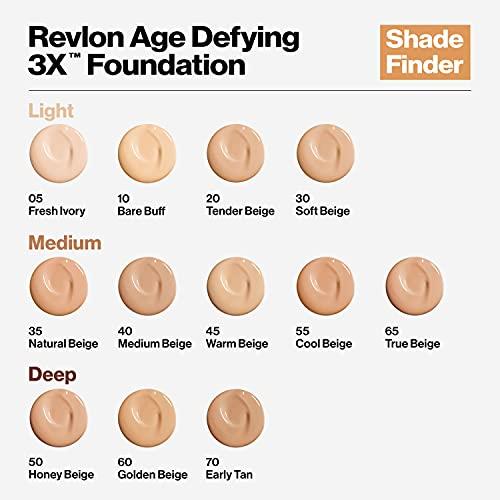 REVLON Revlon Age Defying 3X Makeup Foundation, Firming, Lifting and Anti-Aging Medium, Buildable Coverage with Natural Finish SPF 20, 045 Warm Beige, 1 fl oz