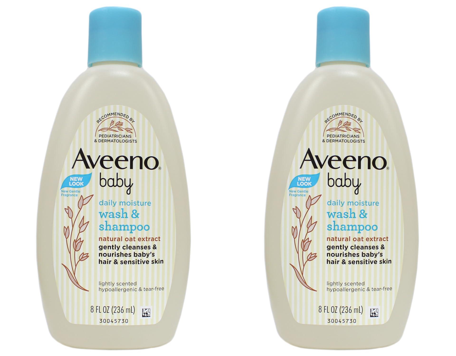 Johnson & Johnson Aveeno Baby Daily Moisture Wash & Shampoo - Natural Oat Extract, Lightly Scented, Hypoallergenic & Tear-Free - 8 fl oz (Pack of 2)