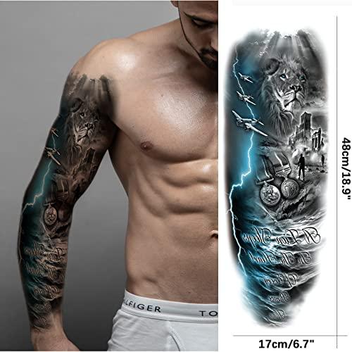 Briyhose Briyhose Lion Wolf Temporary Tattoo Sleeve, Large Full Arm Animal Tribal Fake Tattoos Sleeve For Men Women Adult, Long Lasting Black Arm Temp Tatoo Sticker Leg Body Art Makeup, 4-Sheet