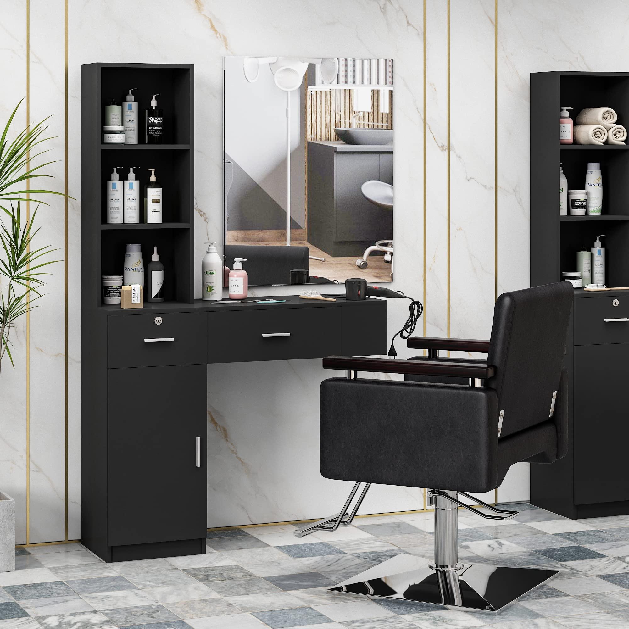 RESHABLE RESHABLE Wall Mount Salon Station with Mirror, Beauty Salon Barber Spa Equipment with Mirror, Shelves, Cabinet, Locking Drawers, Table, Standing Hair Styling Furniture, Black