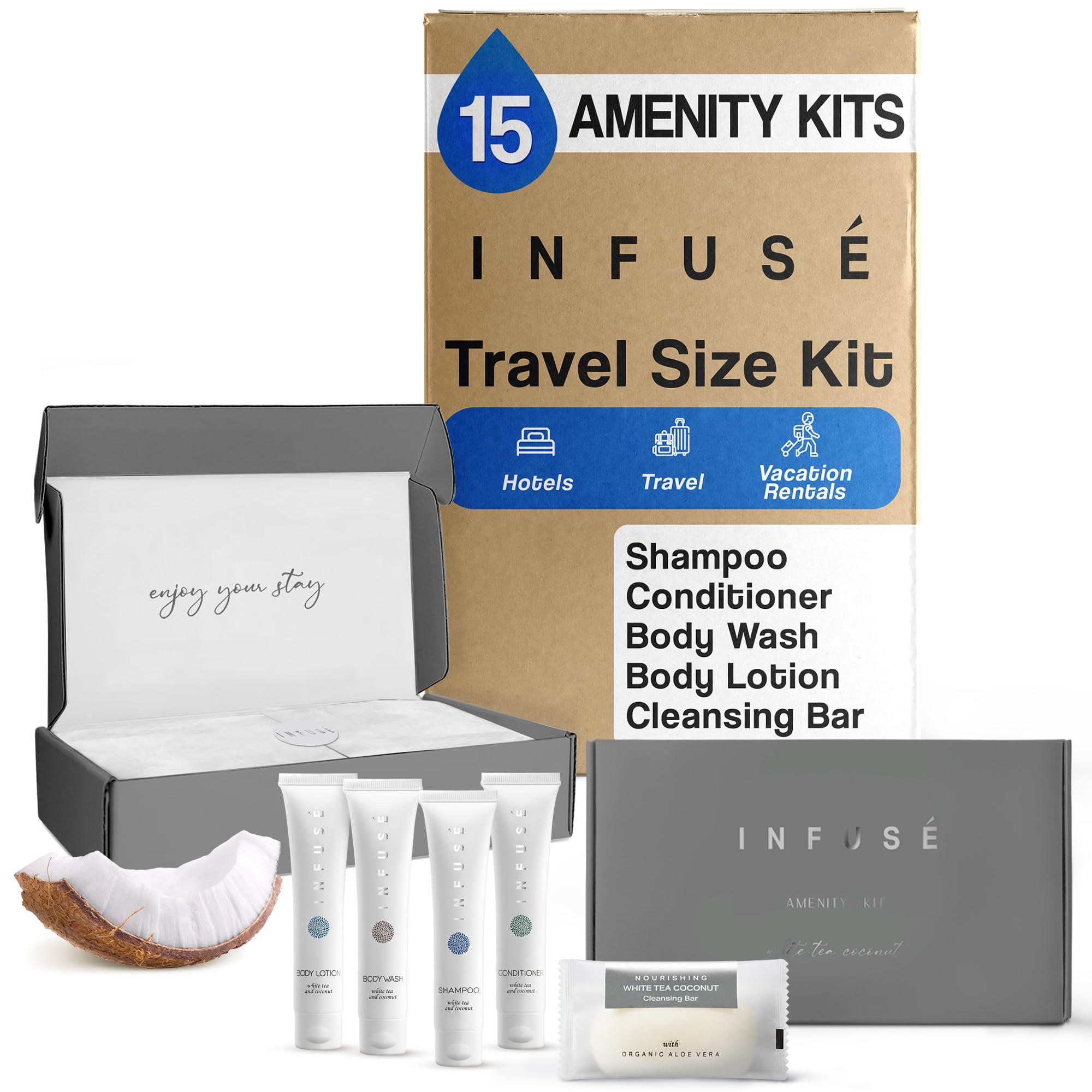 Terra Pure Infuse Amenity Kit | Hotel Bulk Toiletries | 1 oz Shampoo, Conditioner, Lotion, Body Wash, Cleansing Bar Soap for Guest Hospitality Vacation Rentals | 15 Sets/Case