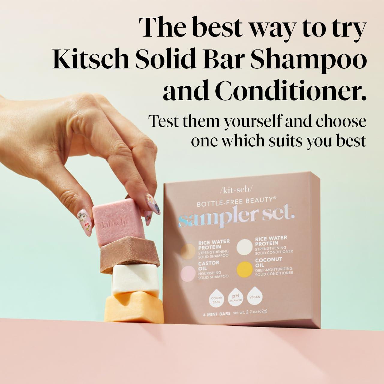 Kitsch Kitsch 4pc Sampler Solid Shampoo and Conditioner Set - Rice Bar & Castor Oil Shampoo and Rice Bar & Coconut Oil Deep-Moisturizing Hair Conditioner, Zero Waste - Valentines Gift