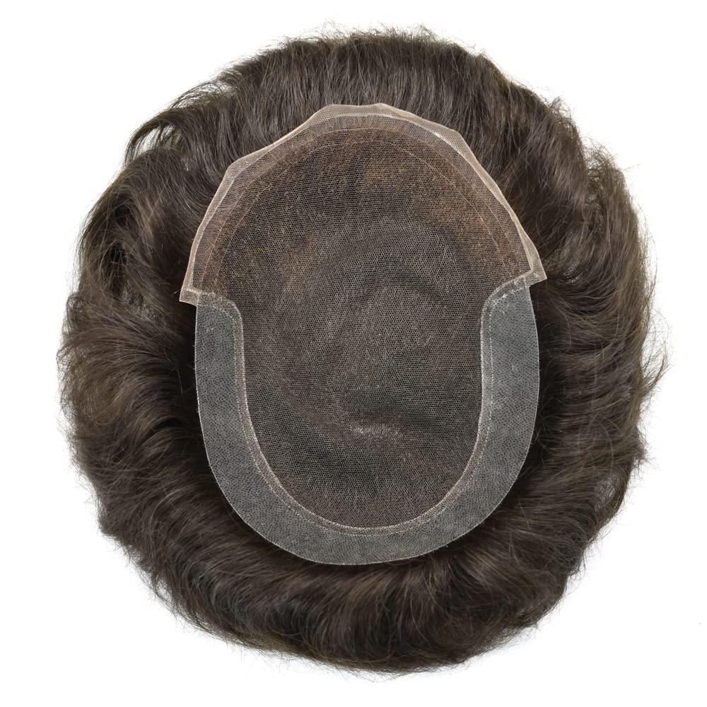 Curve Hair mens toupee hairpieces human hair system for men hair piece replacement lace front mens hair unit poly skin toupee for men wigs(8\"x10\" (W x L), #2 Darkest Brown-80% Light Density)