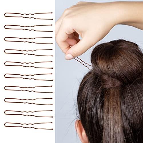 Tenalleys 100 PCS Invisible Wave Hairgrip U Shaped Hair Pins Kit Large Heavy Duty Crinkled Hair Pins for Women and Ballet Bun with Box (2.4 in, Brown )
