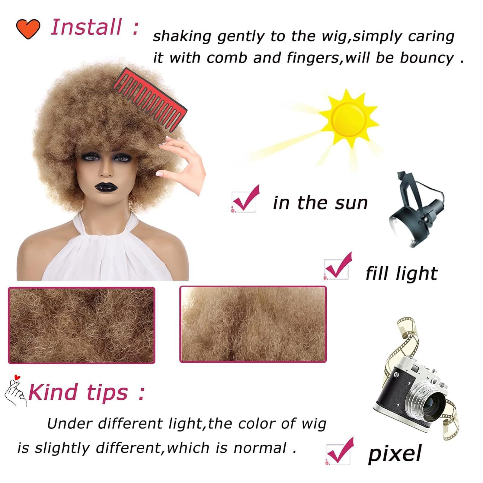 Petelf Short 70s Afro Wigs for Black Women Kinky Curly Brown Afro Puff Wig Bouncy and Soft Natural Looking Disco Party Wig Medium Premium Synthetic Women Afro Wig for Daily Cosplay Costume