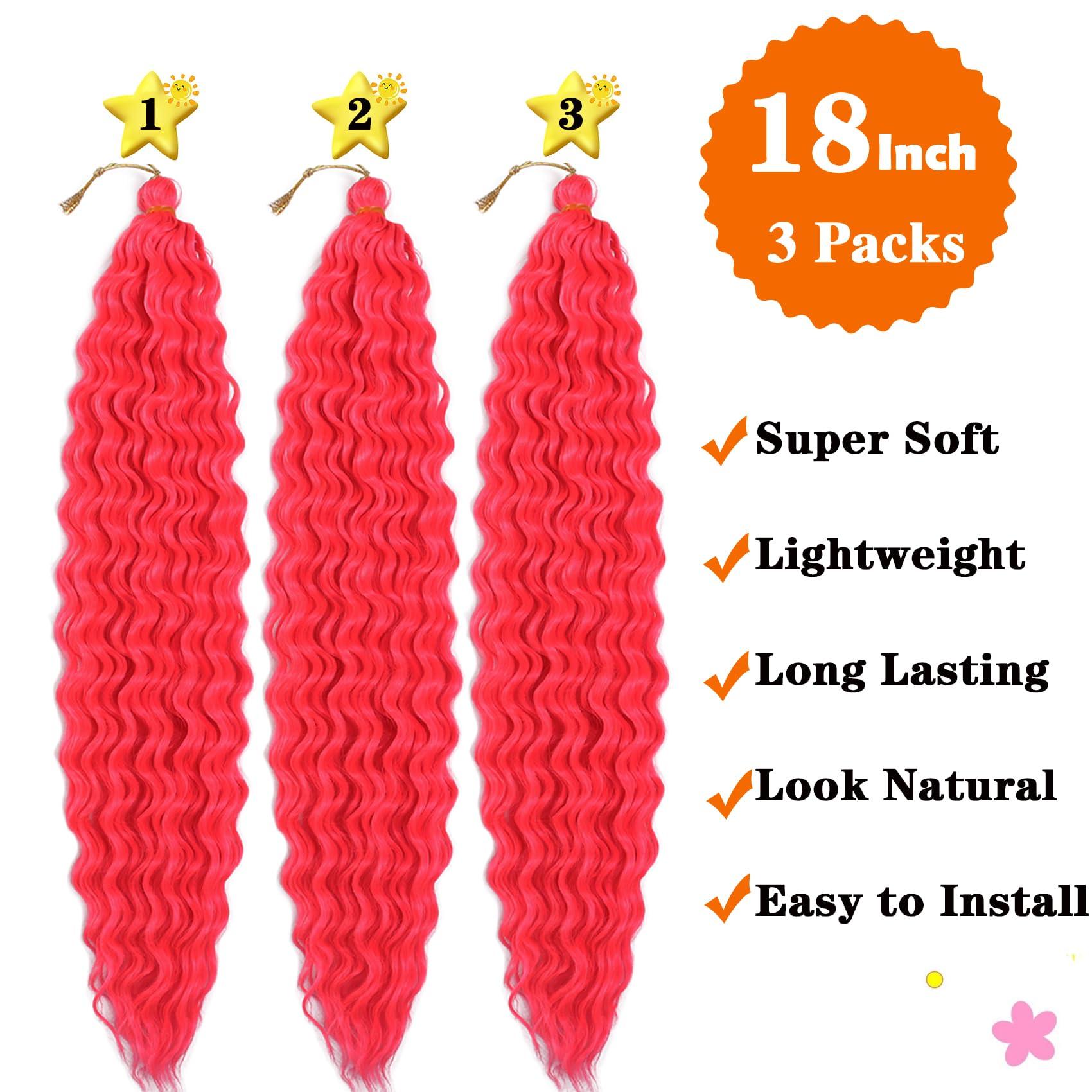 Paraglame Hot Pink Curly Crochet Hair 18 Inch Deep Wave Braiding Hair for Women 3 Packs Ocean Wave Crochet Hair Pink Color Wet and Wavy Crochet Hair (18inch, Pink#)
