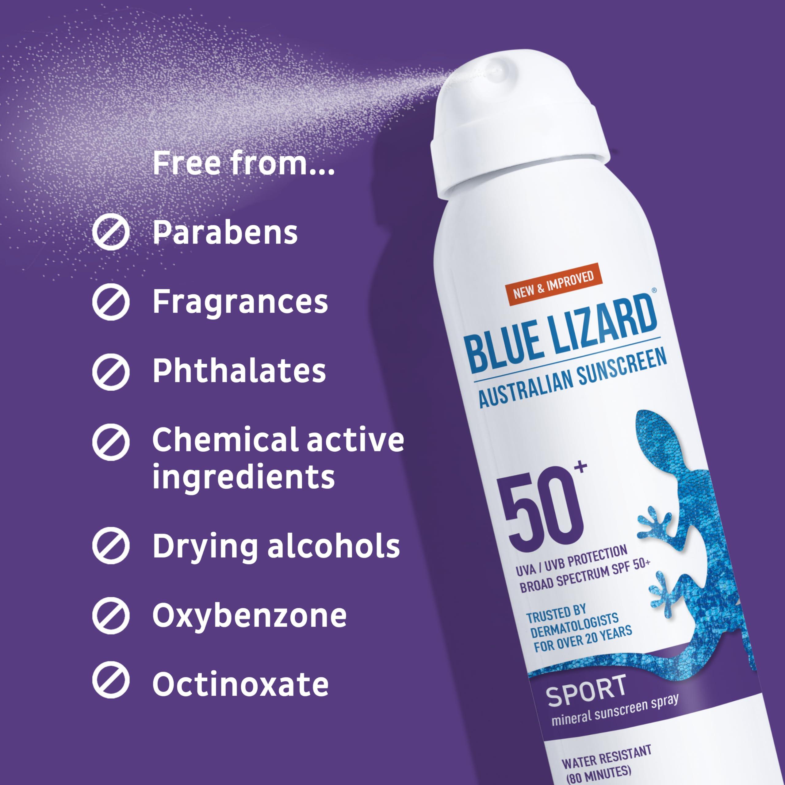 BLUE LIZARD BLUE LIZARD Sport Mineral Sunscreen Spray SPF 50+, Dermatologist-Recommended Brand, Broad-Spectrum UVA/UVB Protection, Water-Resistant, Zinc Oxide Formula, Vegan, 5 fl oz (Pack of 2)