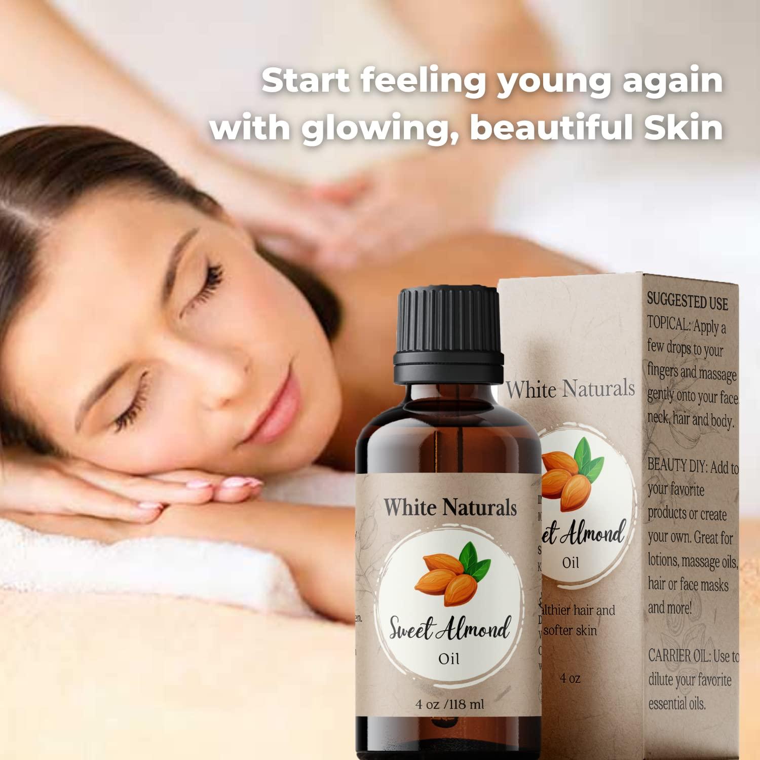 White Naturals Sweet Almond Oil for Hair and Skin, 100% Pure and Natural Cold Pressed, Hexane Free, Skin Moisturizer, Nails, Therapeutic Massage, Carrier Oil