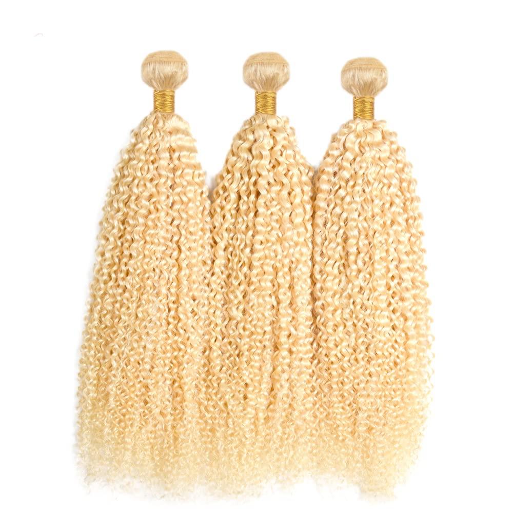 AuokMar 613 Bundles Human Hair Blonde Kinky Curly Human Hair Bundles Brazilian Virgin Human Hair 3 Bundles 14 14 14 Inch 613 Curly Bundles Double Weft Hair Extensions for Women No Tangle