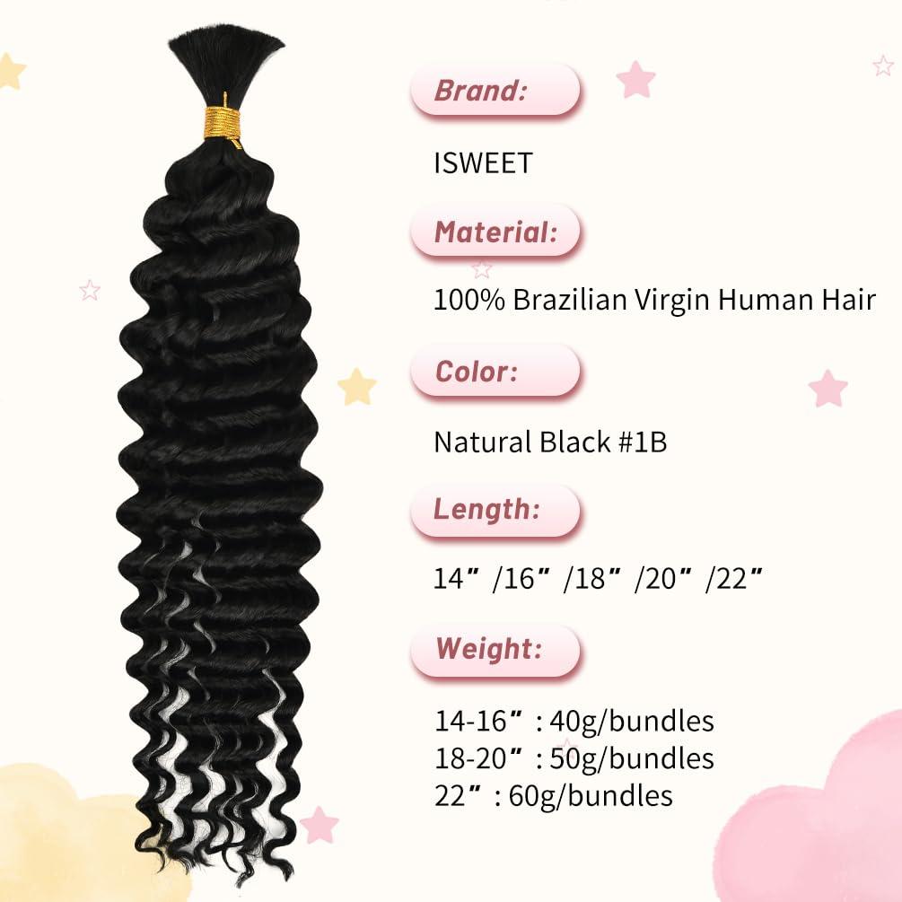 ISWEET 1 Bundle Human Braiding Hair for Boho Braids, 22Inch 60G 10A Brazilian Virgin Deep Wave Bulk Human Hair for Braiding, Wet And Wavy No Weft Curly Braiding Hair for Boho Knotless Braids