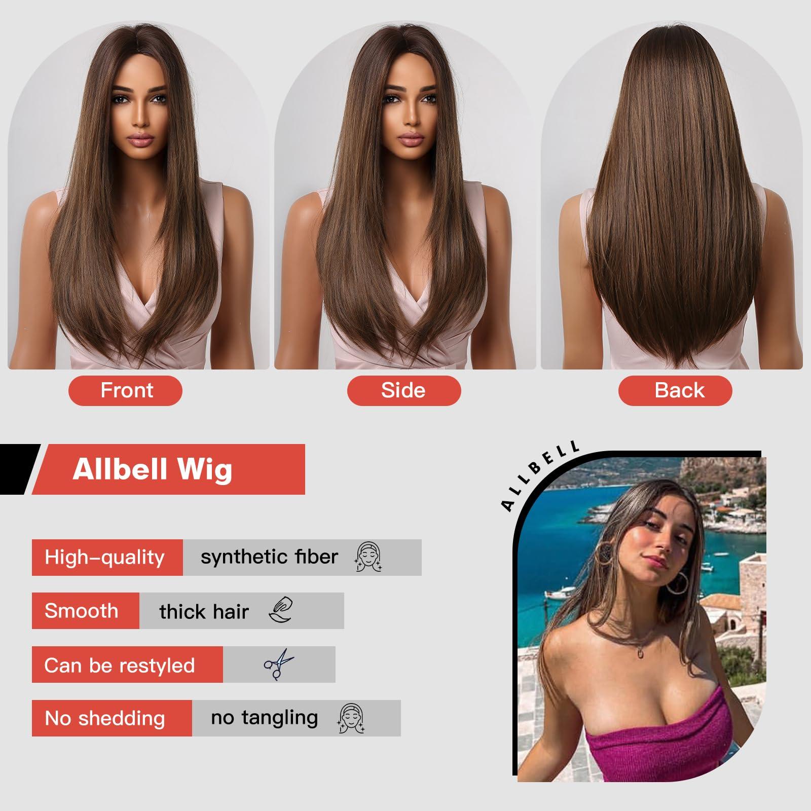 Allbell Allbell Brown Wigs for Women Long Straight Wig Layered Brown Hair Wig 24Inch Middle Part Dark Brown Wig Natural Heat Resistant Synthetic Fiber Wig for Party Halloween