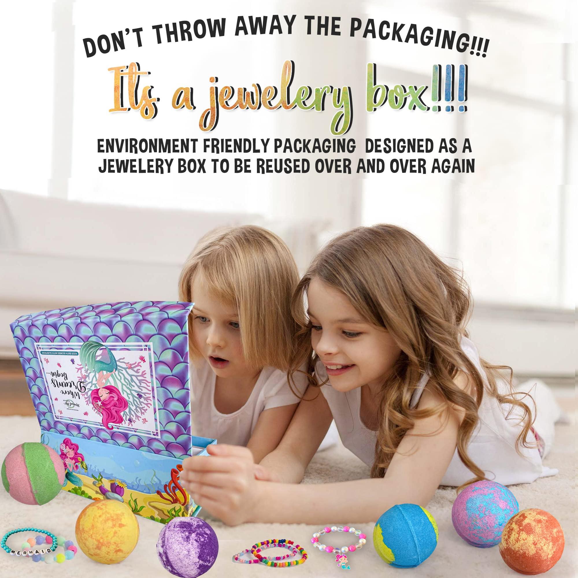 Mineral Me California Rainbow Bath Bombs Gift Set and Mermaid Bath Bombs for Girls with Jewelry Inside Plus Jewelry Box - Family Pack