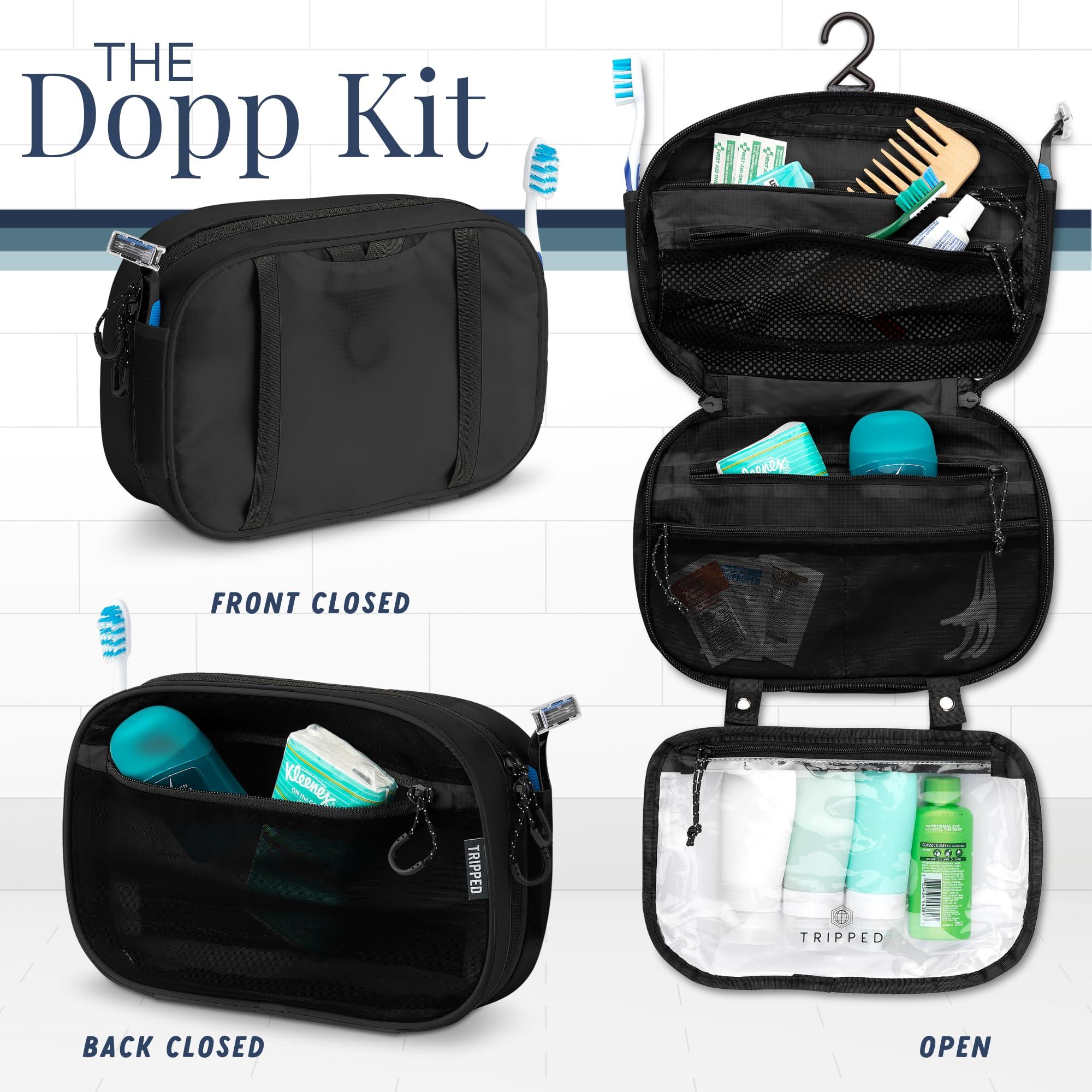 TRIPPED Travel Gear Toiletry Bag Kit Set: Hanging Travel Toiletry Bag + 311 TSA Cosmetic Liquid Bag + Ultralight Accessory Organizer Pouch (Black Ripstop)