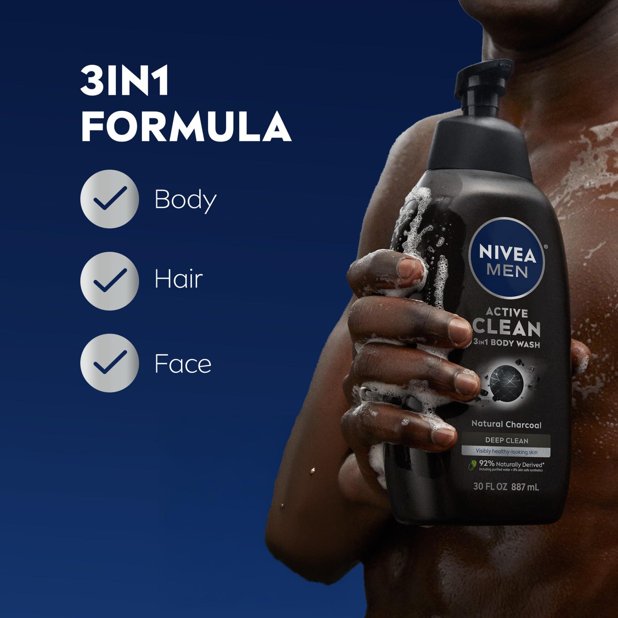 Nivea Men Nivea Men Active Clean Body Wash with Natural Charcoal for Normal to Oily Skin, 3-in-1 Charcoal Body Wash, Face and Hair, Draws Out Dirt and Impurities, 30 Fl Oz Bottle