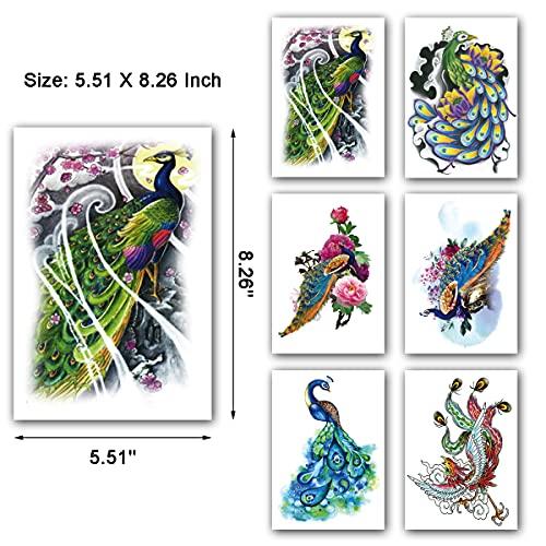 LEOARS Arm Sleeve Temporary Tattoos, Fake Peacock Half Arm Tattoos and Full Sleeves Tattoo Sticker for Women Men Makeup, 8-Sheet