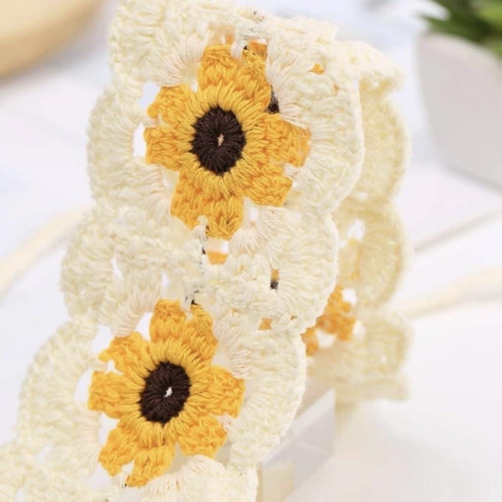 ClawsandPaws ClawsandPaws Daisy Crochet Headbands Hairbands, Hair Scarf, Knitted Floral Hair Accessories for Festival/Holiday, Cottagecore Aesthetic (Beige with Yellow Flower)