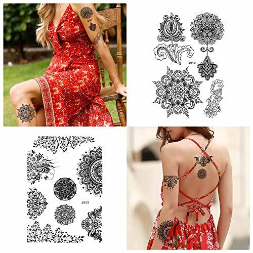 Dr.Pedi Temporary Tattoos for Women 6 Pack Henna Tattoo Stickers for Adults Women & Girls Metallic Black Lace Body Art Large Big Arm
