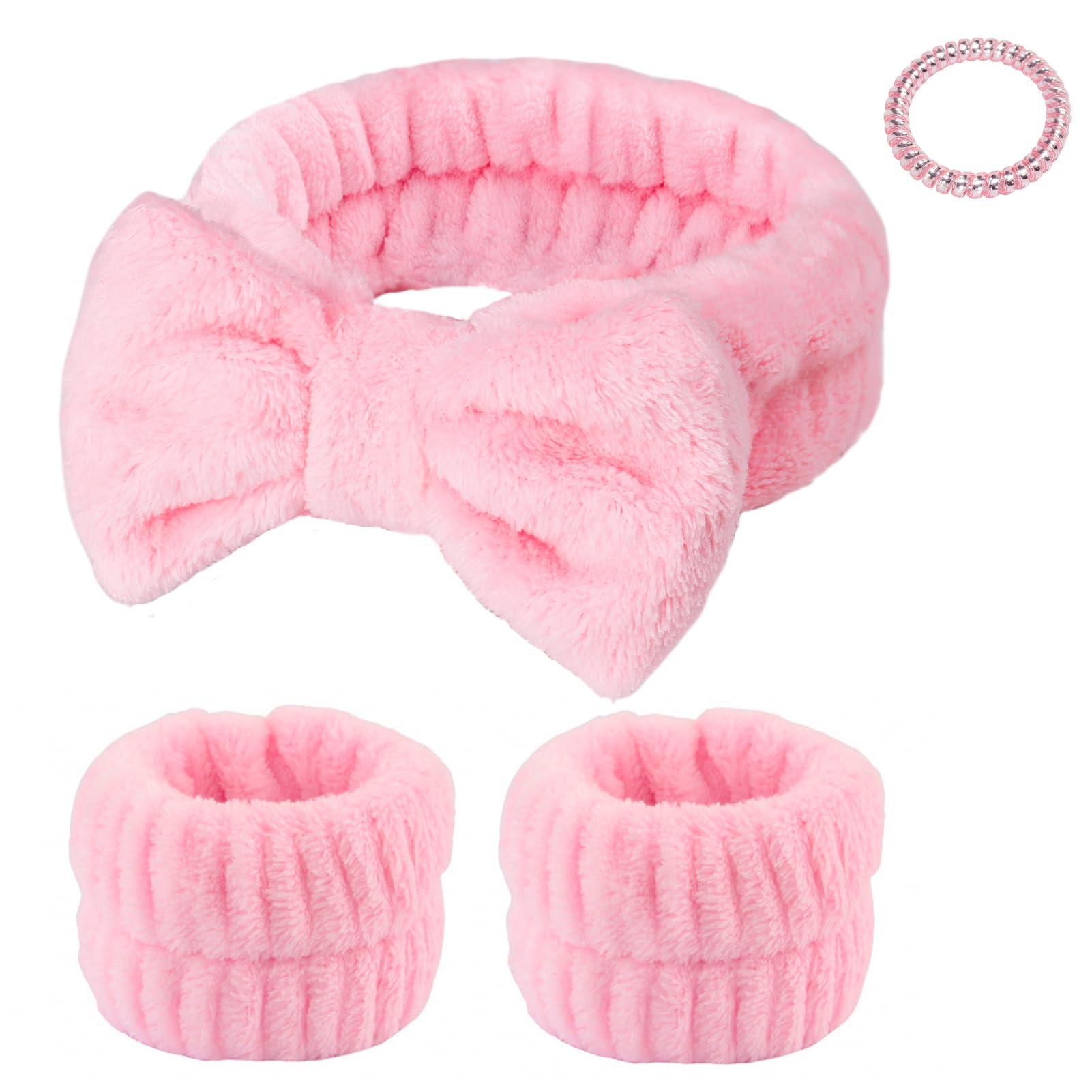 Fmeida Fmeida Spa Headband and Wrist Band Set for Face Washing Skin Care Headband Pink Hairband 3 Pack