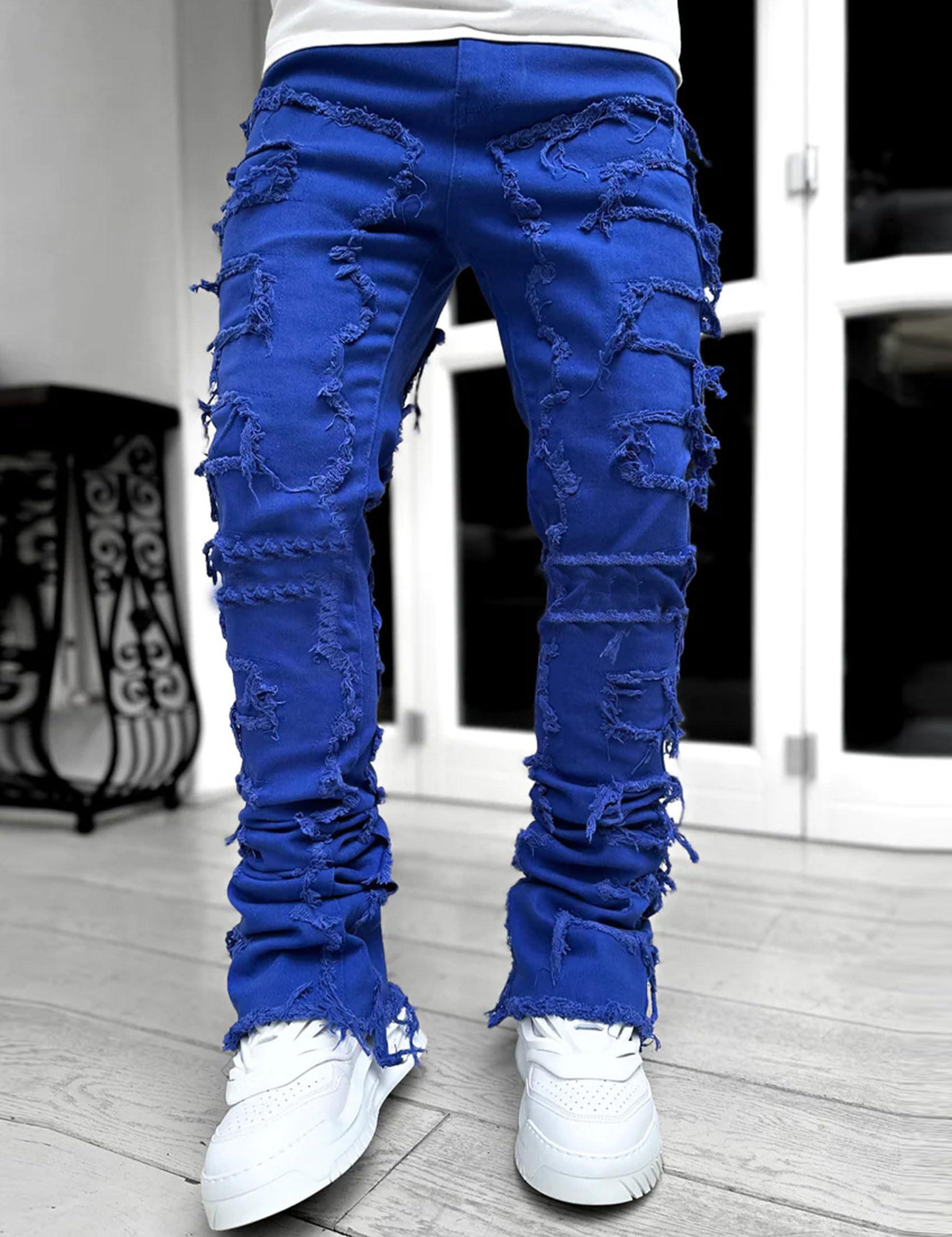 COOLMONAR COOLMONAR Men\'s Ripped Distressed Destroyed Slim Fit Straight Leg Denim Jeans