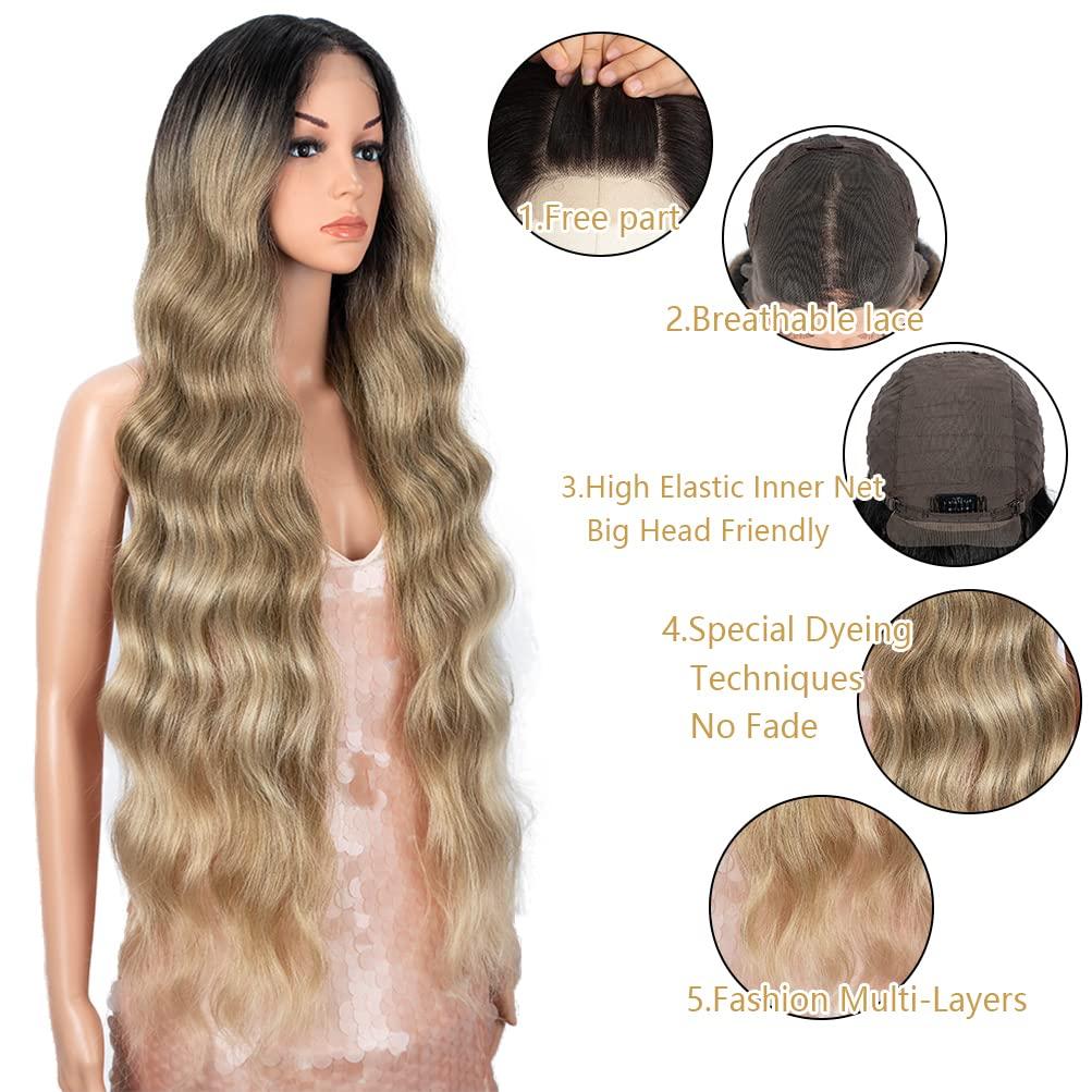 Style Icon Style Icon 36" Easy-360 Lace Wigs 13X6 Free Part Lace Frontal Wigs Super Long Body Wave Wavy Wig Synthetic Ombre Blonde Wig (36 Inches, SOP22613)