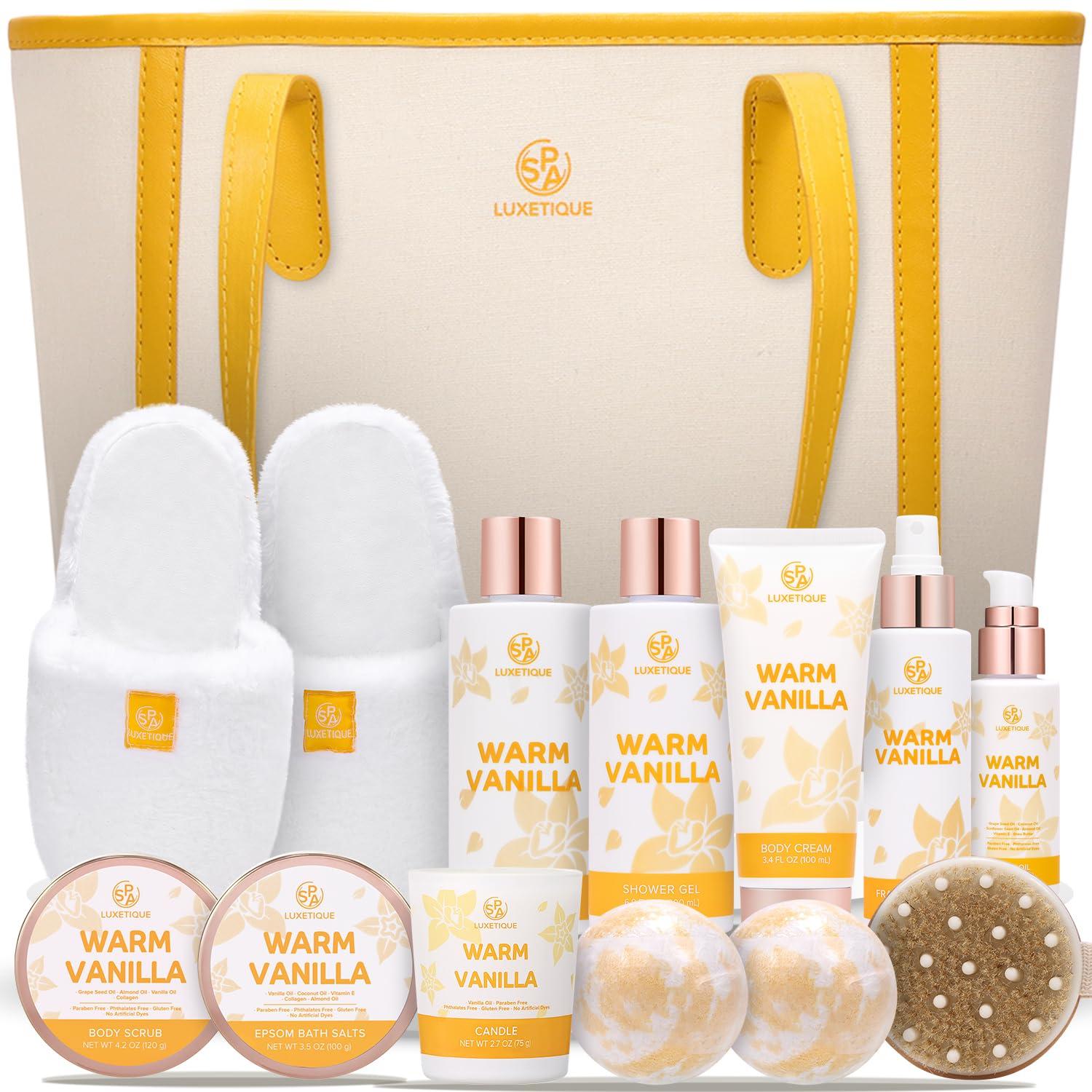 SPA LUXETIQUE WORLD Spa Gifts for Women Spa Luxetique 12 Pcs Bath Set Basket Luxury Self Care Kit Gift for Her Warm Vanilla Gift Set with Bubble Bath, Bath Bomb, Body Oil, Relaxing Spa Set, Birthday Day Gifts for Women