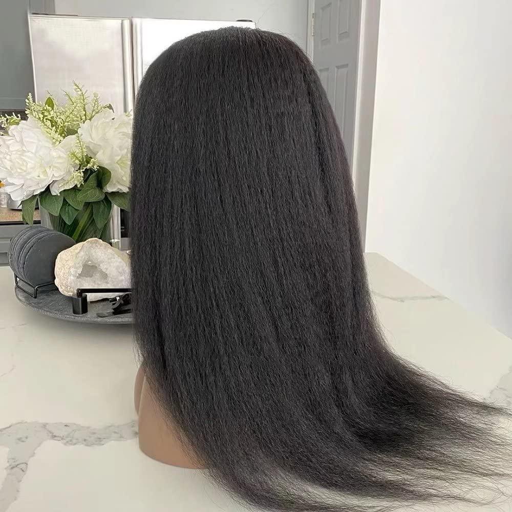 Imeya Imeya 24 Inch Yaki Lace Front Wigs Human Hair Natural Black Color Kinky Straight Human Hair Wig Brazilian Remy Hair Pre Plucked with Baby Hair Can be Washed and Ironed Wig 150% Density 13x6 HD Lace