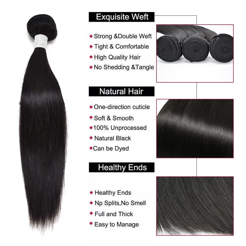 Generic Human Hair Bundles Weave 10 Lengths 100% Unprocessed Brazilian Virgin Weave Human Hair Bundles for Women Remy Weft Hair Extensions Natural Black Color (Straight Wave, 1B Natural Hair-22\"inches)