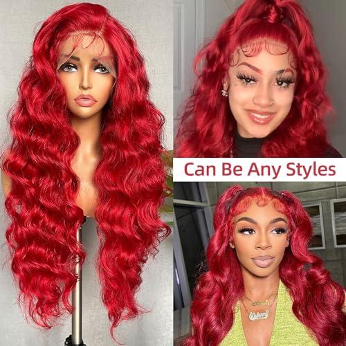 Avolo Avolo 13x4 Red Human Hair Wigs 32 Inch Red Colored Human Hair Lace Front Wigs Body Wave Red Lace Front Wig Human Hair Pre Plucked Red Wig Human Hair With Baby Hair 180% Density Glueless Wig