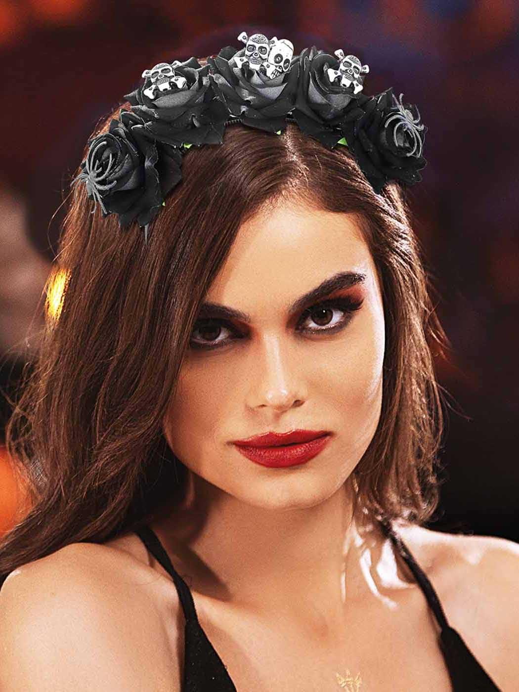 Woeoe Woeoe Halloween Skull Headband Black Rose Flower Costume Day of the Dead Headpiece Spider Mexican Floral Crown for Women and Girls