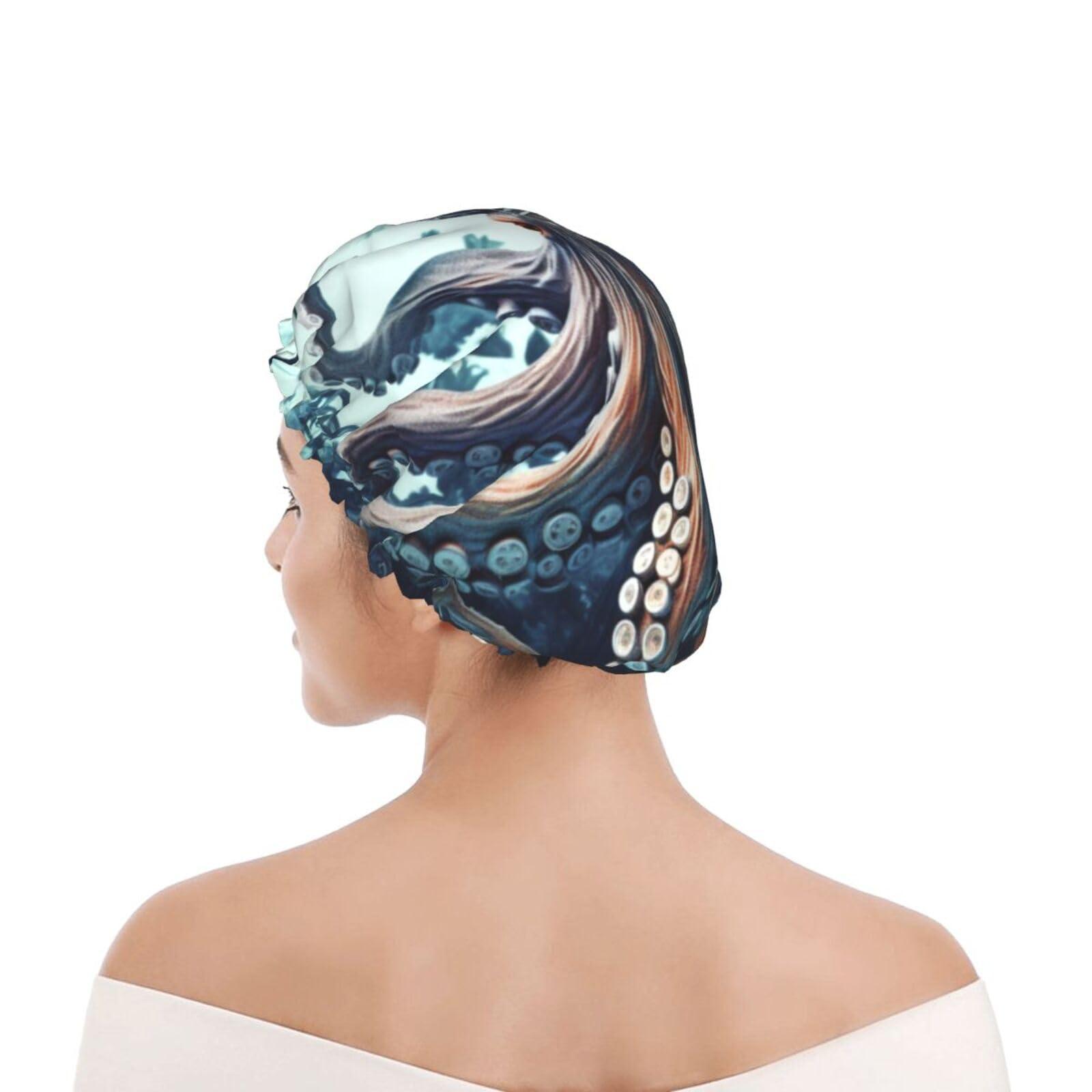 WSOIHFEC Cool Octopus Printed Shower Cap for Women Waterproof Bath Caps Reusable Double Layered Shower Hat Bathing Shower Caps for Men Ladies Spa Salon