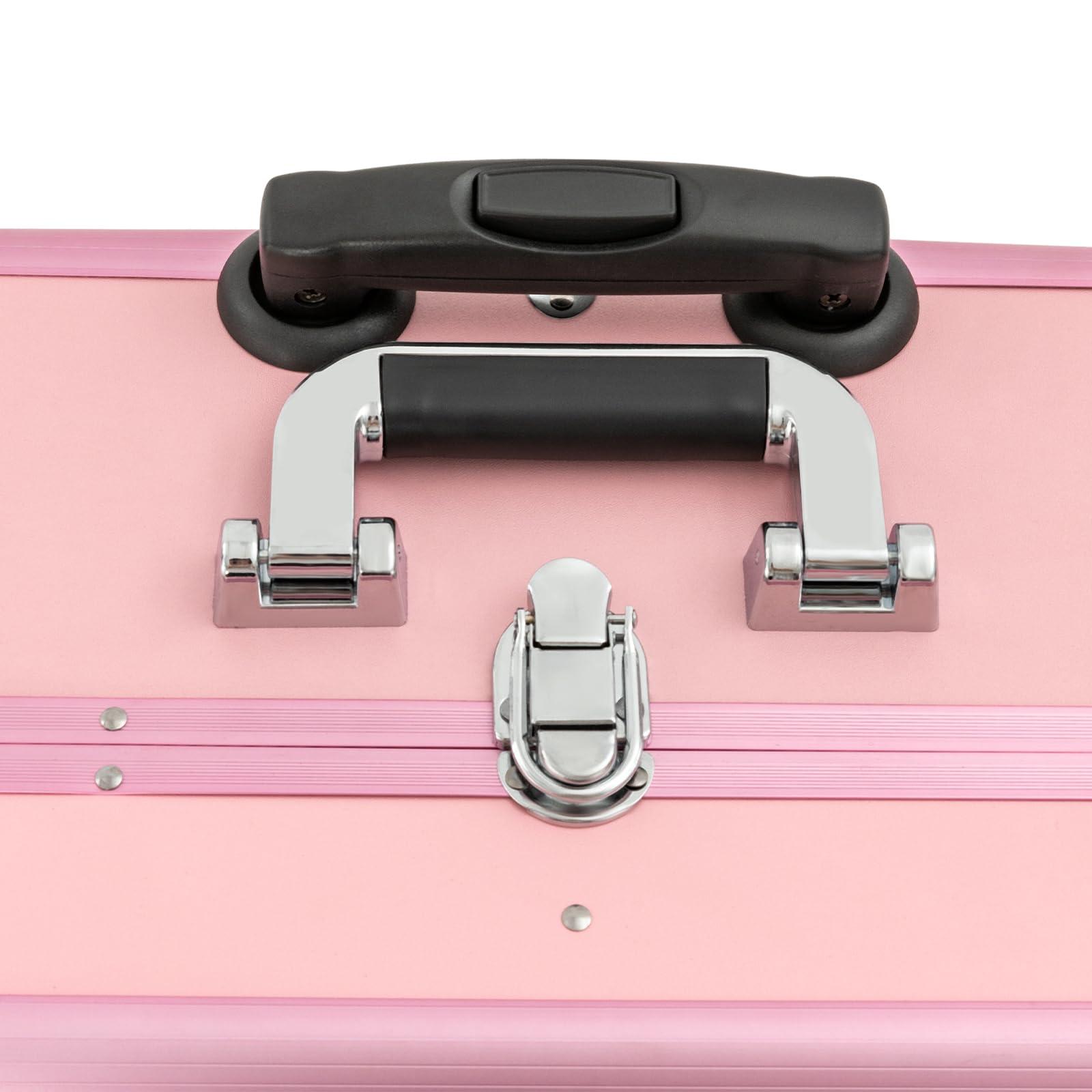 LEYSRIS Rolling Makeup Case Cosmetic Case with 8 LED Light, 3-Tier 110.23 lbs Adjustable Height Pink Trolley Makeup Train Case 12v Professional Makeup Case for Nail Tech Hairstylist Barber