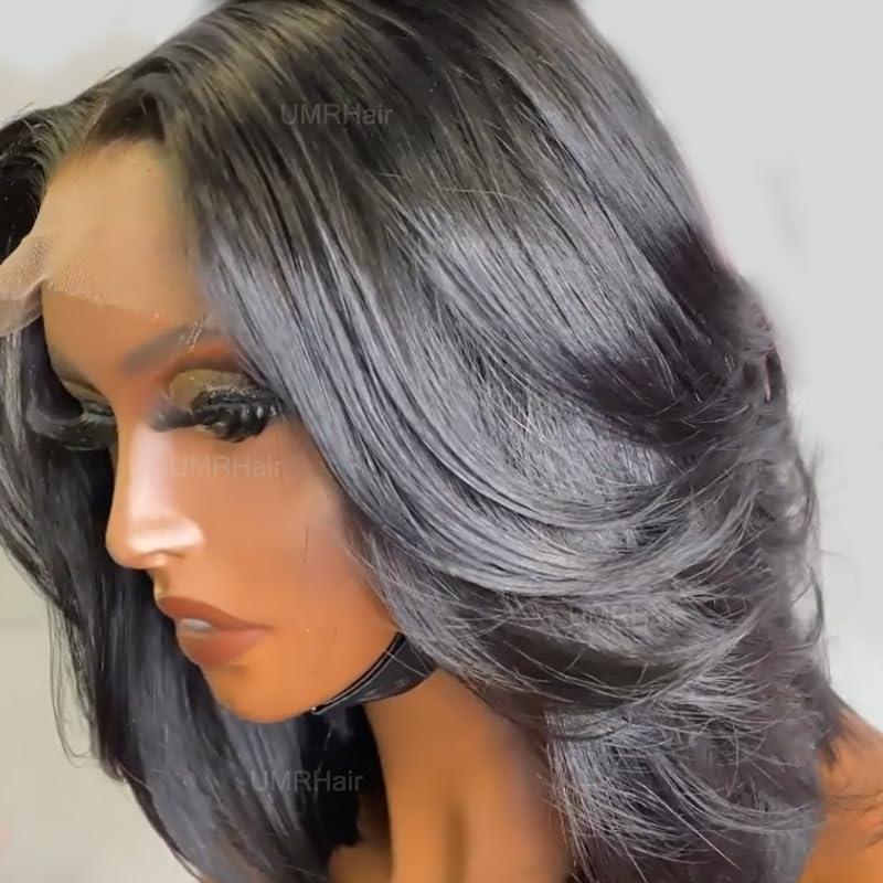 UMRHair 12inch Layered Lace Front Wigs Brazilian Glueless 180% Density Short Bob Human Hair Wig for Black Women 13X4 Middle Part Short Cut Layered Bob Wig PrePlucked BabyHair