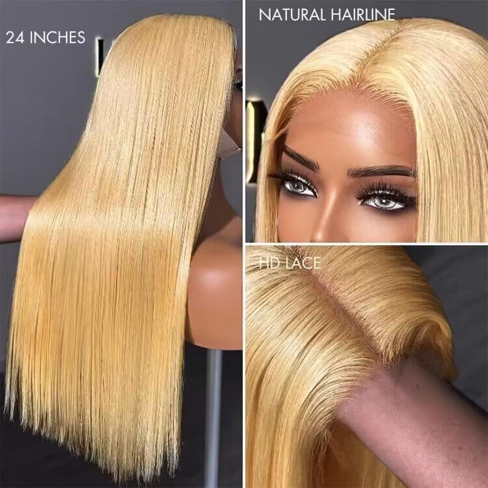 FTQZKEY FTQZKEY 24 Inch Honey Blonde Straight Wig Human Hair 13x4 Honey Blonde HD Lace Front Wig Human Hair 180 Density 27# Colored Human Hair Lace Front Wigs Blonde Human Hair Wigs for Women