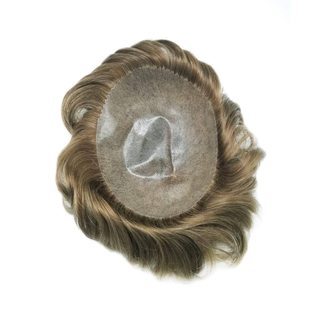Hair Wonders Toupee for Men Hair Piece Real Human Hair Full Poly Skin Mens Toupee Men Hair System Hair Replacement Systems for Men Invisible Hair Pieces for Men #1710 17# DARK ASH BLONDE+10% GREY 6x9