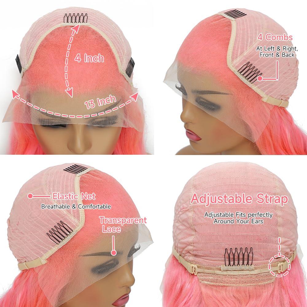 Otinid Pink Lace Front Wig - Human Hair, 13x4 HD Lace Frontal, Pre-Plucked Body Wave, 180% Density, Glueless, 28 Inch