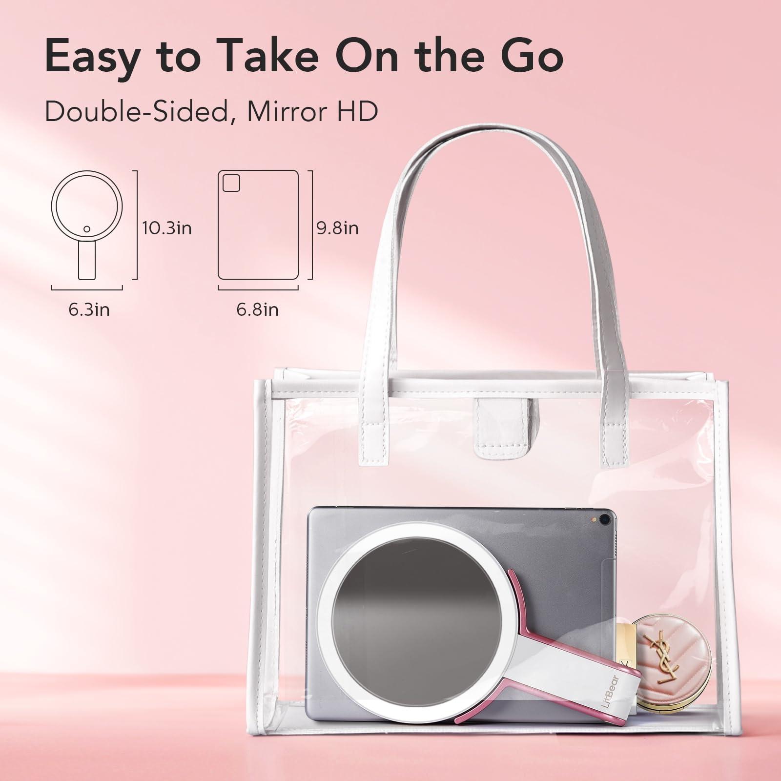 LitBear LitBear Travel Makeup Mirror with Lights, Rechargeable Double-Sided 10X/1X Magnifying Mirror, Portable Lighted Beauty Mirror, 3 Color Lighting, Dimmable Touch Screen, Tabletop Handhold Hanging (White)