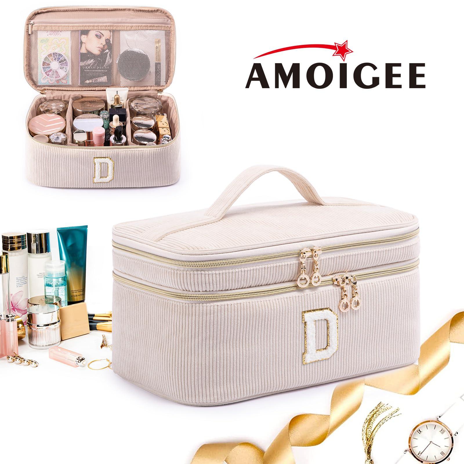 AMOIGEE AMOIGEE Initial Makeup Bag Organizer,Personalized Double Layer Train Case, Travel Toiletry Bag for Makeup Brushes for Teens Girl, Skincare Gift Set, Initial Cute Cosmetic Make Up Bag for Women