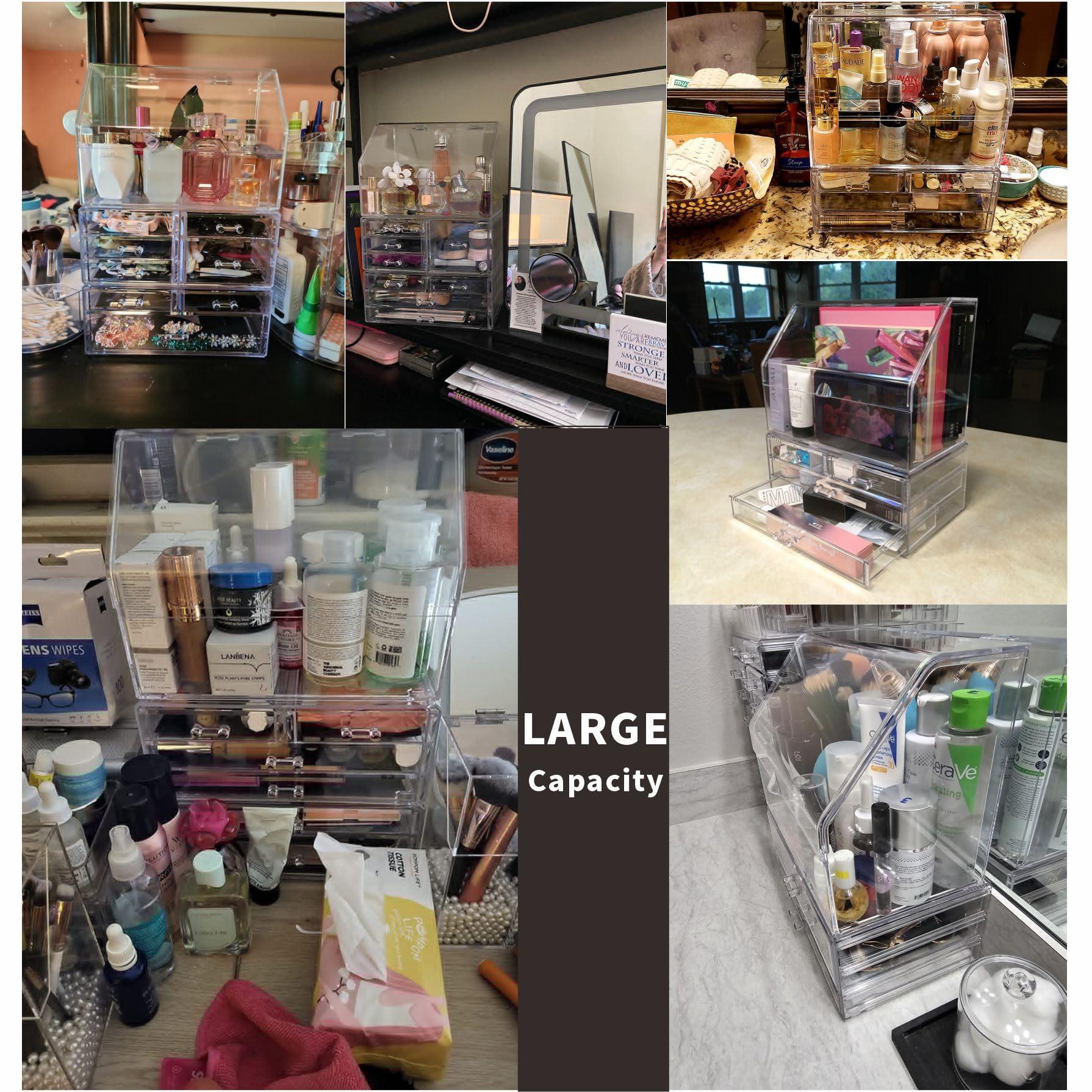 Cq acrylic Celar Makeup Organizer With With Lid,Dustproof Waterproof Design Make up Organizer for Bathroom Countertop,4 Drawers Acrylic Skincare and Cosmetic Storage for Vanity Countertop,Dresser Top Organizer