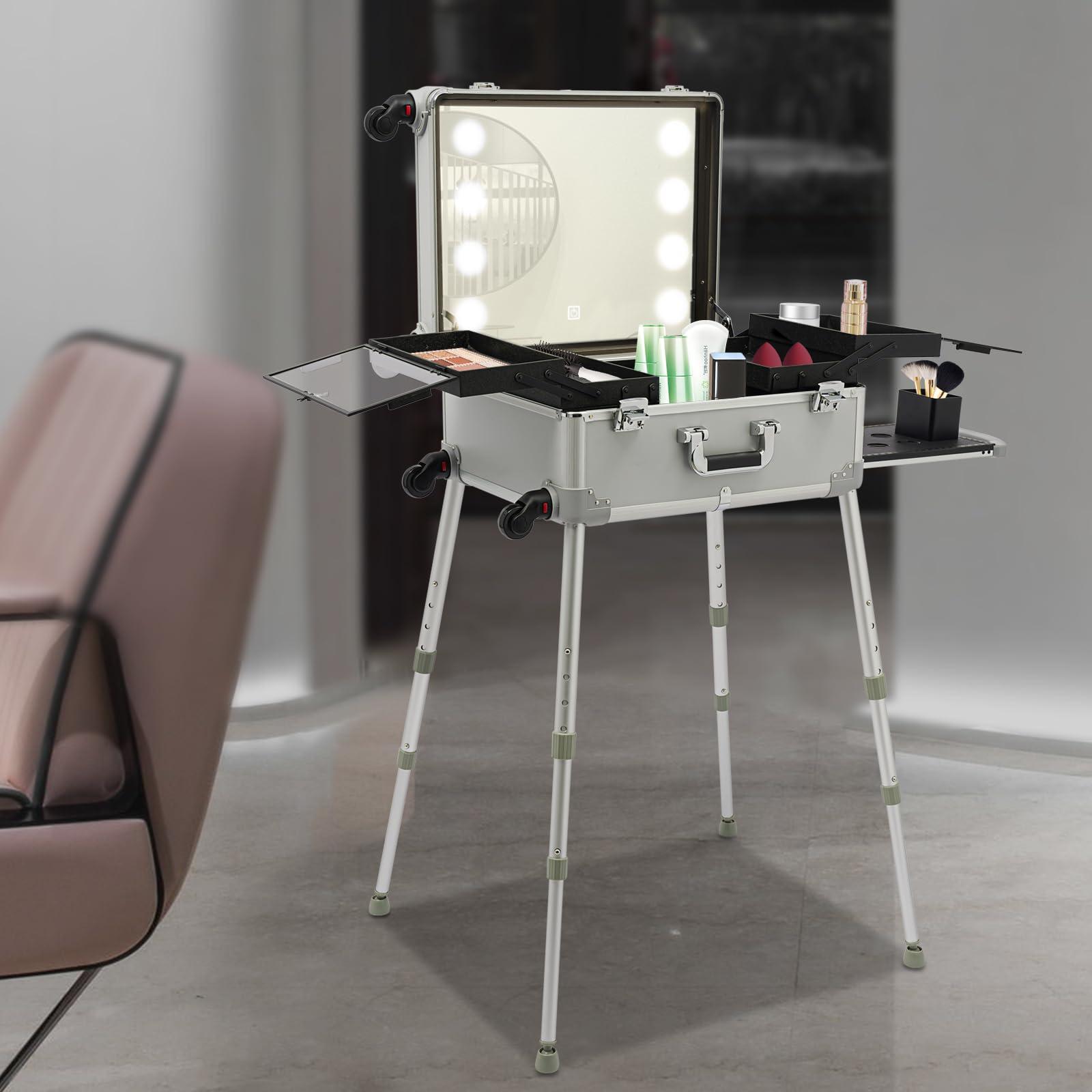 YIYIBYUS YIYIBYUS Aluminum Trolley Makeup Train Case with LED Light 21'' Rolling Cosmetic Organizer Make up Artist Free Standing Box with Stand Mirror Makeup Vanity Station (Silver)