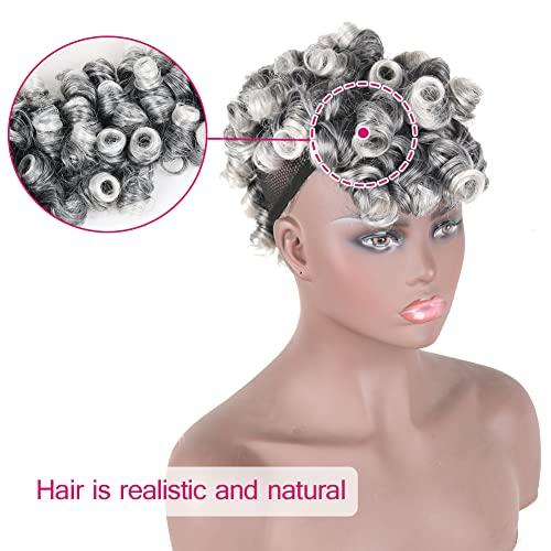 Oseti Oseti Deep Curl Mohawk Wig with Bangs for Black Women Short Mix Gray Hair Wig, Afro Faux Hawk Clip in Hair Pieces for Women with Thinning Hair wig Clip on Faux Bangs Fake Hair Ponytail (1B/Gray)
