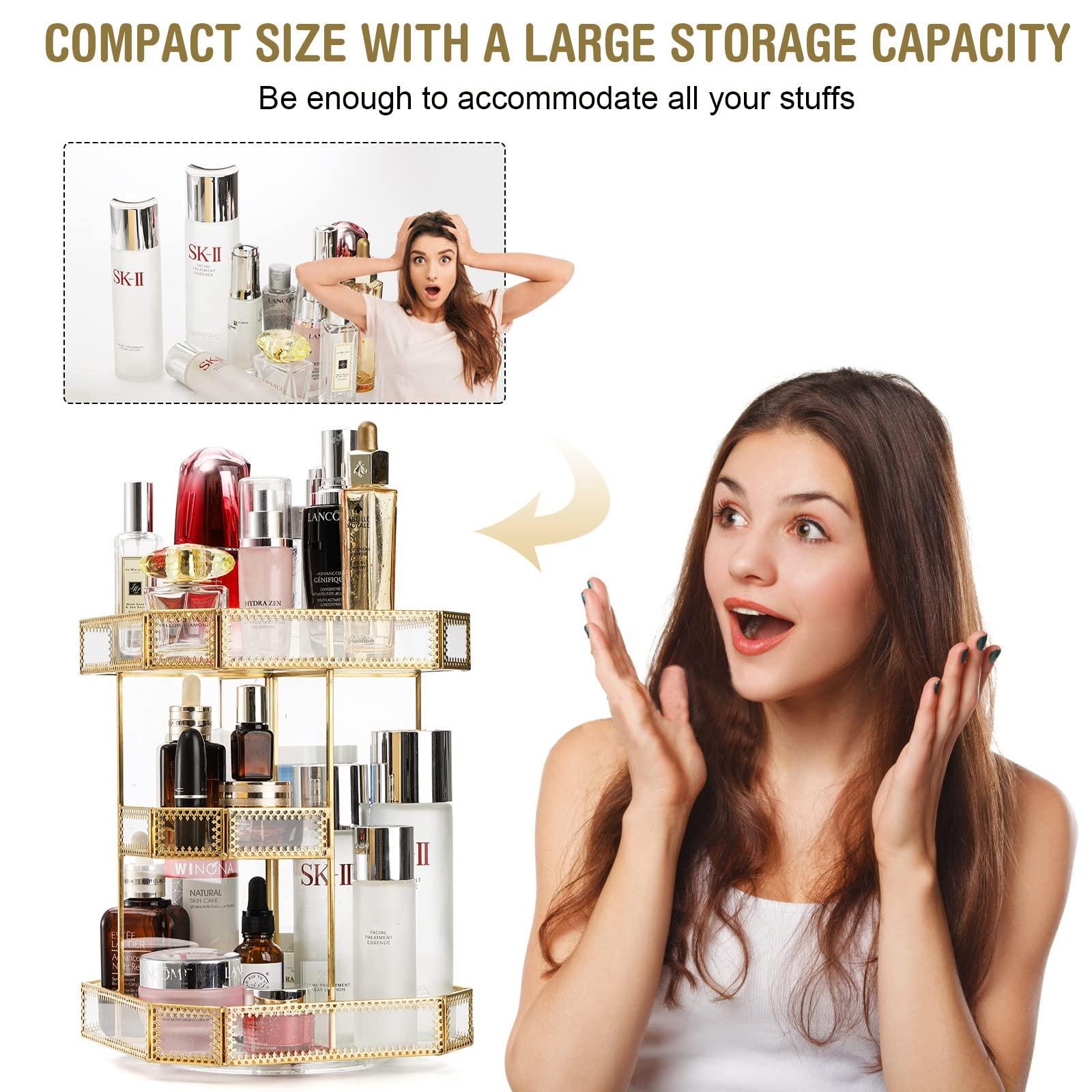 ZOOFOX ZOOFOX 360 Degree Rotating Glass Makeup Organizer, Large Cosmetics Storage Display Holder with Gold Trim for Vanity, Clear Makeup Carousel for Perfume, Cosmetics, Brushes, Lotion, Lipsticks