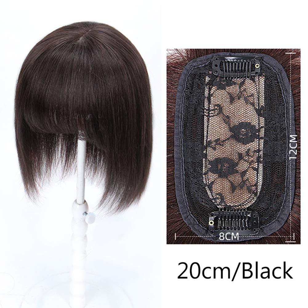 LesafeV Human Hair Piece with Wispy Bangs Smart Clip in Silk Base Topper Middle Parted 8x12cm/20cm, Black