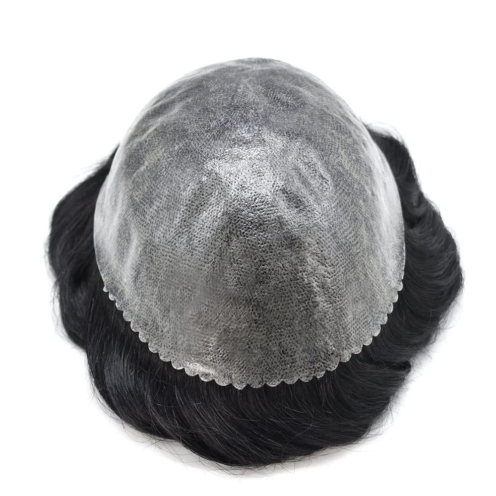 Hair Wonders HAIR WONDERS Toupee For Men Human Hair Injected Full Poly Skin Mens Hairpieces Durable Hair Replacement System Mens Toupee Hair Units (8\'\'*10\'\', 1# JET BLACK-120% medium light to medium density)